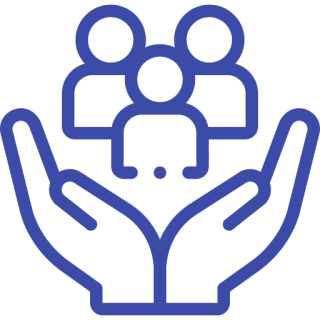 Hands holding three people icons.